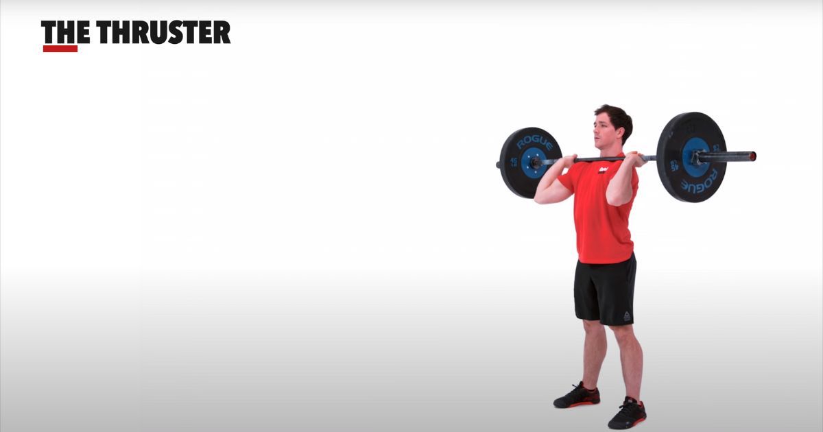 man at starting position of thruster, weight on shoulders