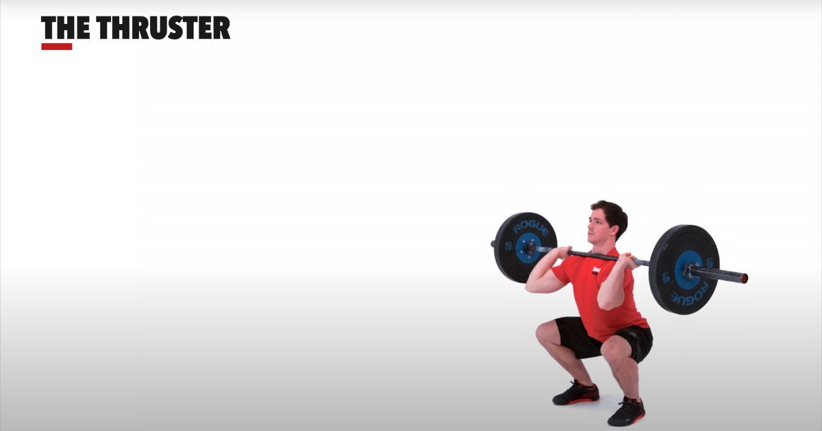 man in full front squat position of thruster