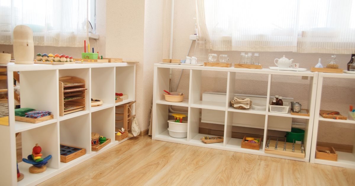 well organized toys and items on open shelves