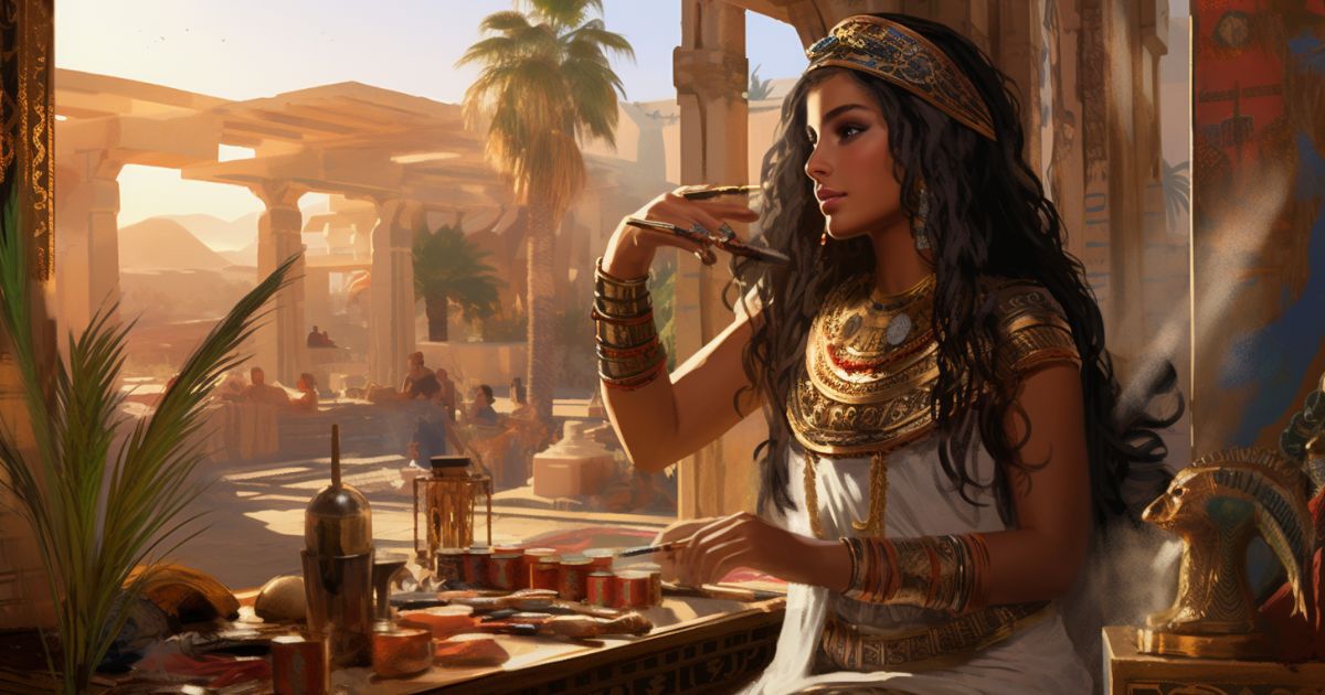 rendering of Cleopatra going thru beauty routine