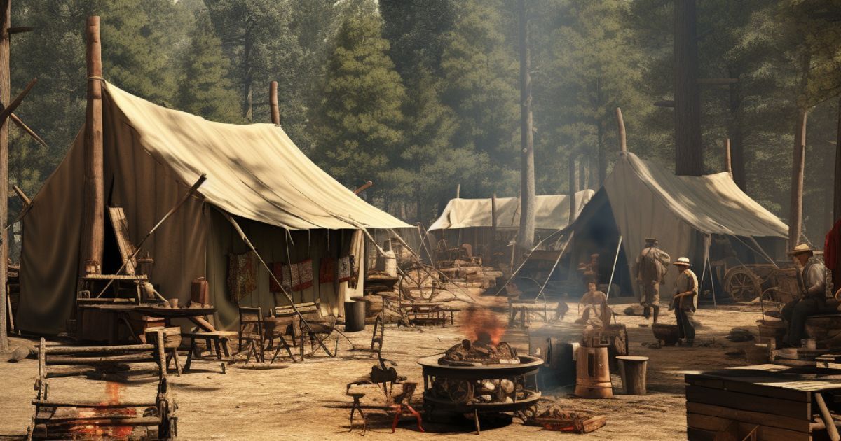 realistic rendering of a pioneer camp from the 1800's