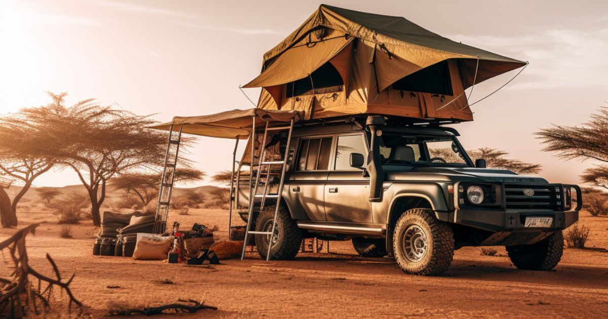 realistic illustration of rooftop tent in Africa