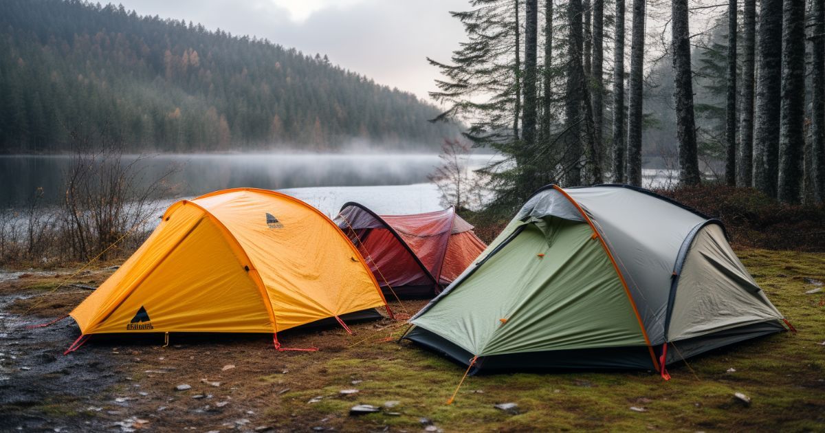 three tents setup by lake surrounded by trees