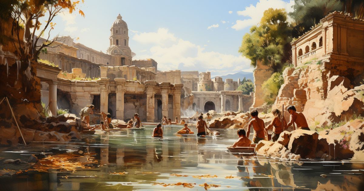 illustration of ancient Rome, people in river washing clothes