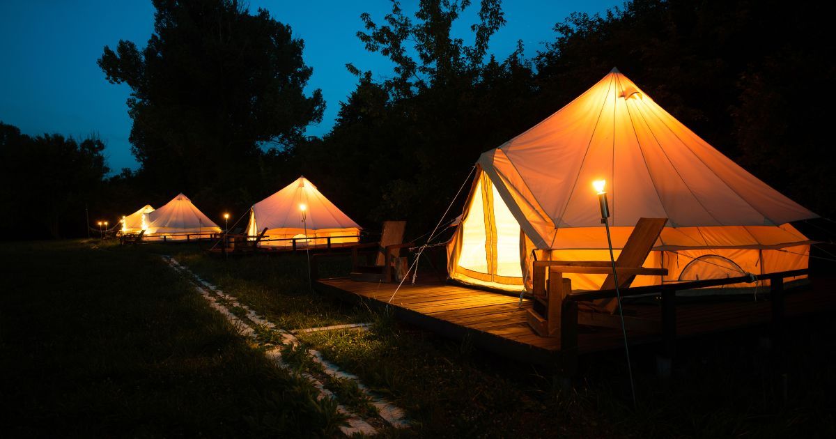 canvas tents at night