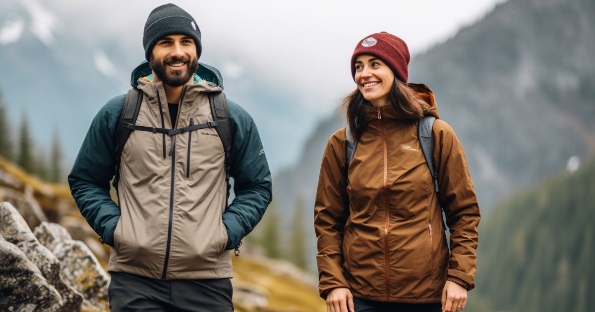 couple hiking wearing rain jackets