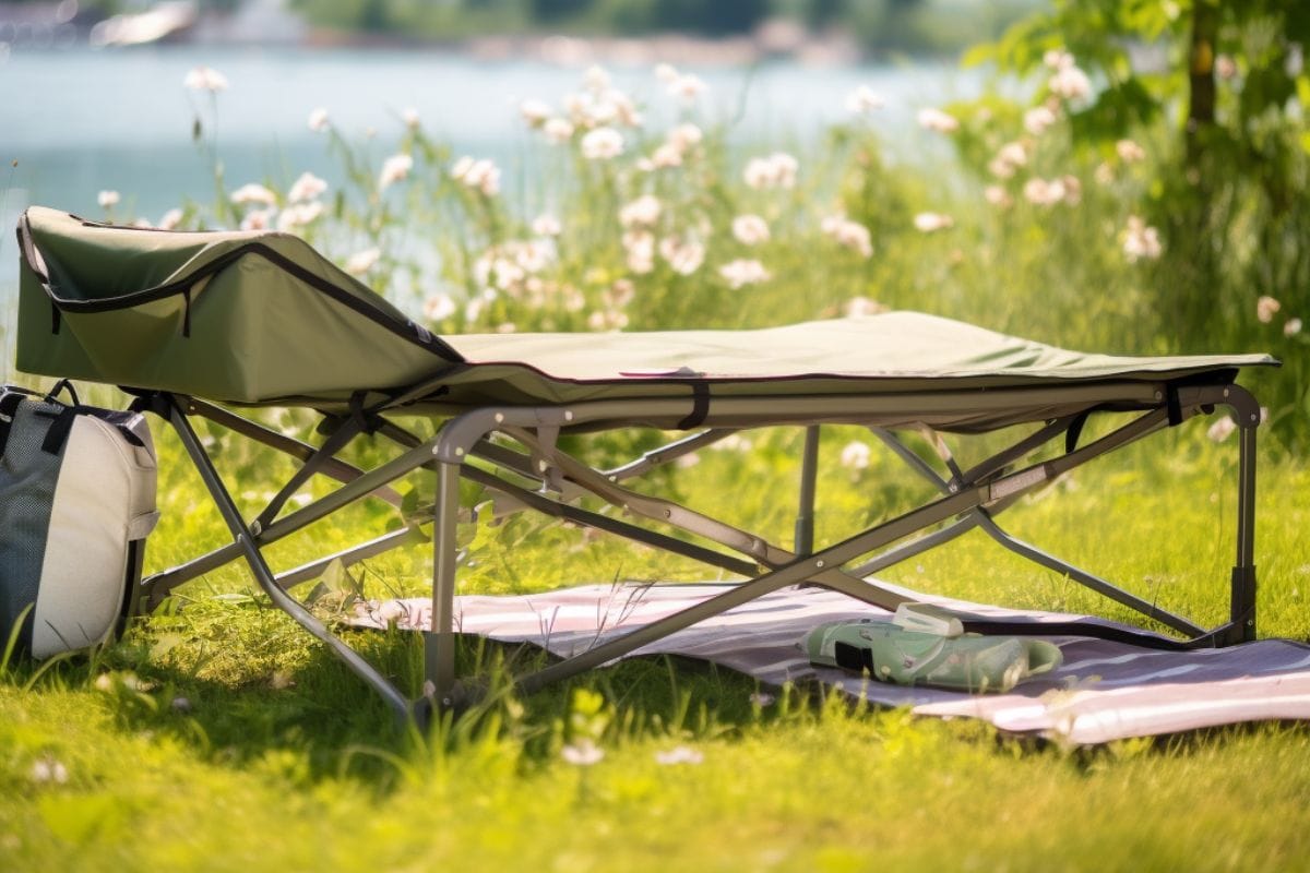 camping cot in meadow by lake