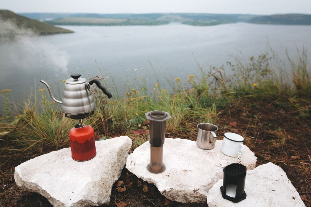 brewing coffee at camp with aeropress