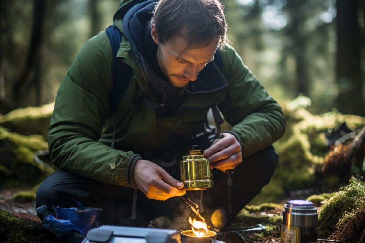 man using alcohol stove in backcountry