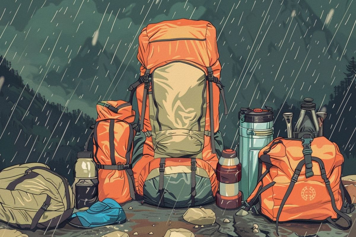 illustration of different gear items for backpacking in the rain