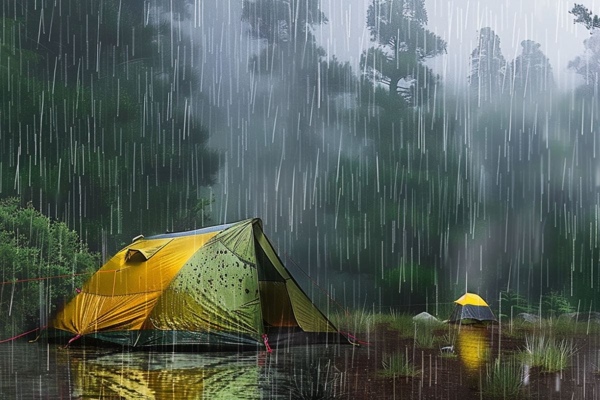 illustration tent setup in rain
